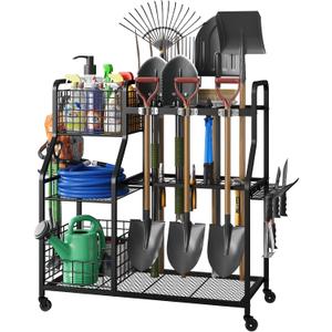 keomaisyto Garden Tool Organizer with Heavy Duty Wheels for Garage - with 2 Baskets, Large Yard Tool Organizer and Storage Holder, Utility Garden Tool Rack for/Shed/Garage/Yard/Basement/Lawn