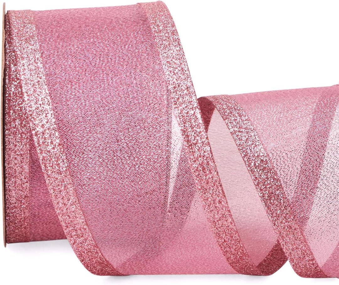 Ribbli Pink Christmas Wired Ribbon, Metallic Wired Ribbon with Glitter Edge 2-1/2 Inch x 10 Yard for Christmas Tree Decoration, Gift Wrapping, Wreaths Supplies, Swag, Holiday Decor
