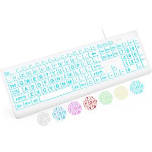 SABLUTE Large Print Backlit Keyboard, Wired USB Lighted Computer Keyboards with 7-Color & 4 Modes Backlit, Oversize Letters Keys Easy to See and Type, Keyboard Compatible for PC, Laptop (White)