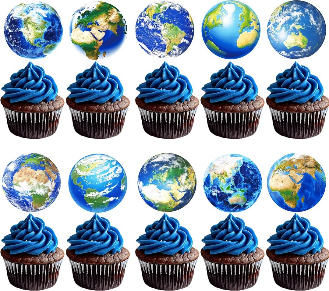 48pcs Earth Globe Cupcake Toppers Earth Day Party Decorations Globe World Map Theme Cake Cupcake Picks for Travel Around The World Birthday Party Earth Day Baby Shower Supplies