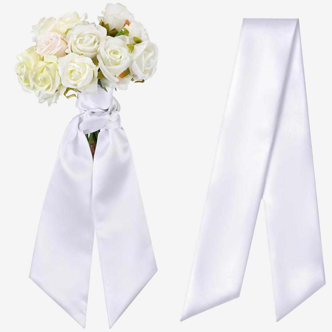 VitalCozy Bow Wedding Bouquet Sash Satin Blank Plain White Prom Bouquet Sash Wreath Sashes for Front Door Hoco Embroidery Monogram Farmhouse Indoor Outdoor Yard Doorway Porch Party Decor, 9.84 x 36 In