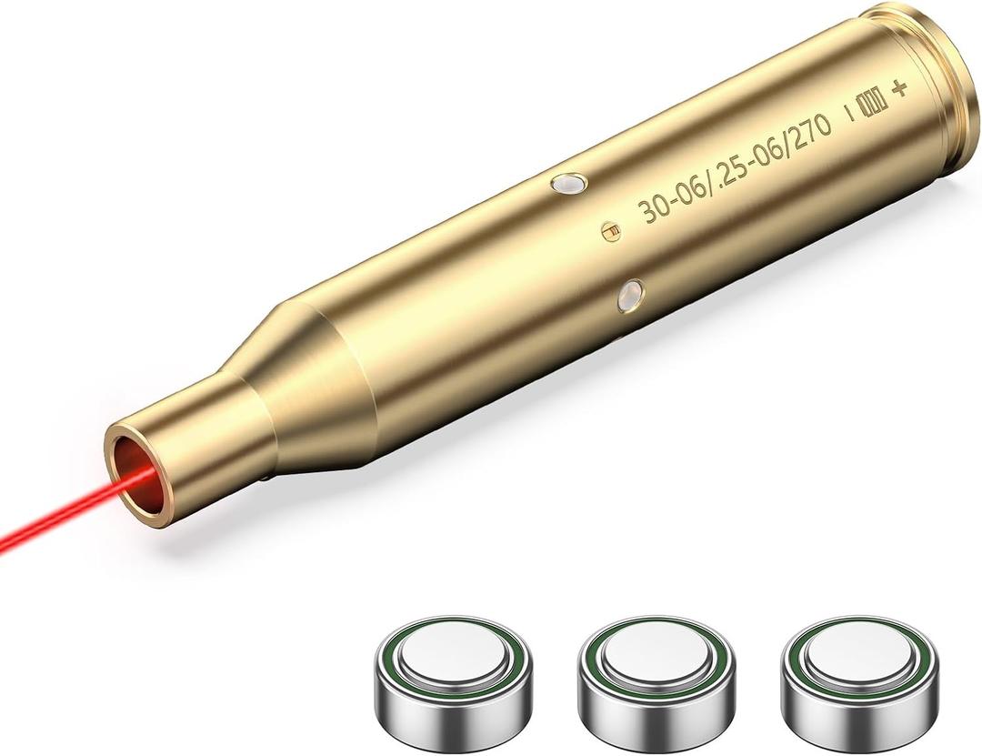 EZshoot Bore Sight Laser 9mm/ 223 5.56mm/ 30-06/25-06/270 /300BLK 7.62x35mm/ 6.5CM/ 12 Gauge Cal Red Laser Boresighter with Extra Batteries (Gold)