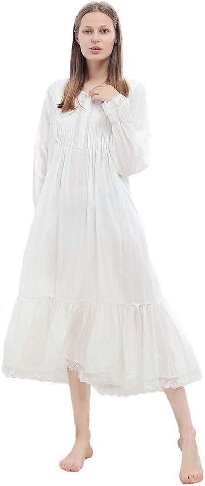100% Cotton Victorian Princess Style Nightgown for Ladies Womens Vintage Palace Sleepwear (Medium, T04 White)