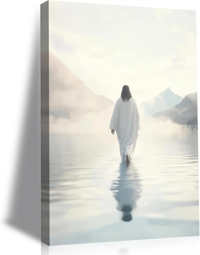 Jesus Canvas Wall Art Jesus Walking on Water Wall Decor Painting Christian Spiritual Poster Prints Modern Religious Pictures Wall Art for Living Room Bedroom Church Decoration 12x16in