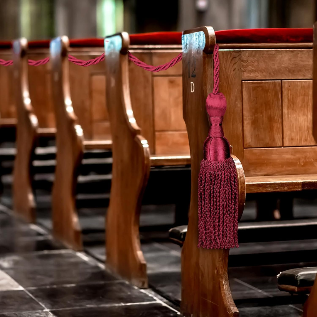 Wowangce 8 Pcs Weighted Church Pew Reservation Rope with Heavy Tassels Ends 8 ft Reserved Church Seating Accessory Gold Pew Rope for Wedding Funeral Seating Reserved Signs(Burgundy)