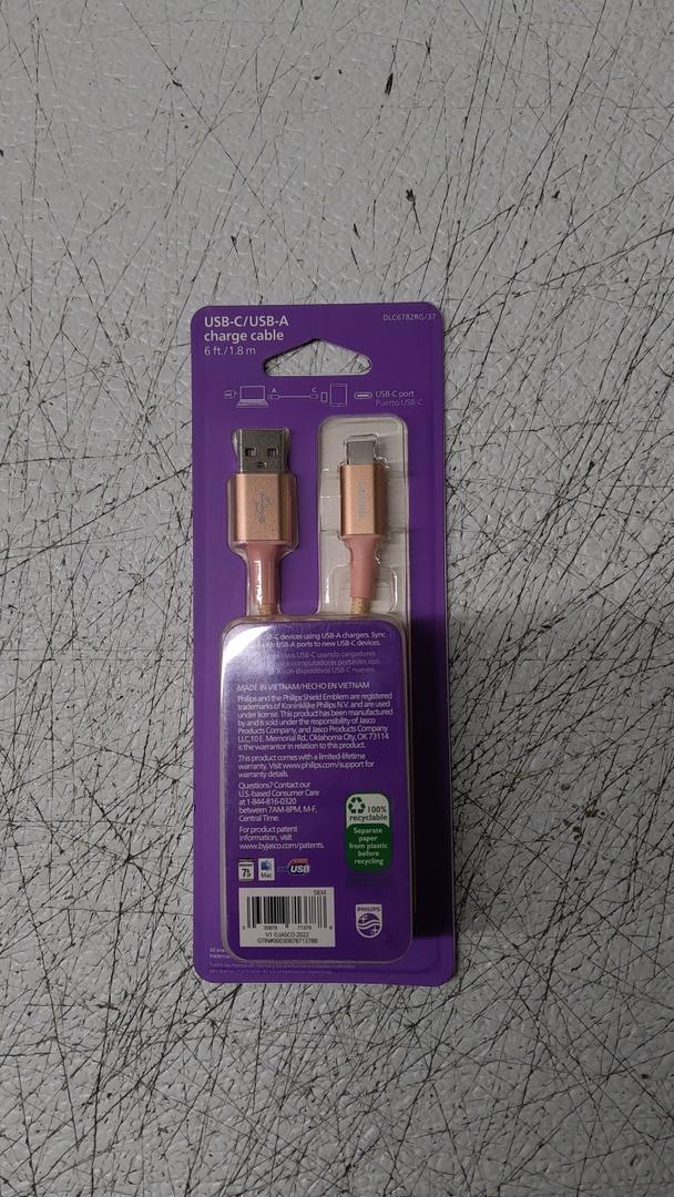 Philips USB-C/USB-A charge cable, 6ft, Pink