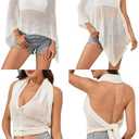 Off The Shoulder Sheer Crochet Vacation Outfits Poncho Sweater Top Summer Beach Cover Up (Beige, XXL)