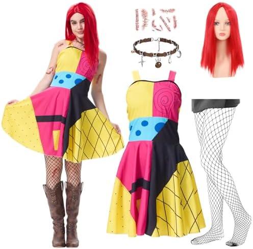4PCS Sally Christmas Costume Women Adult, Cosplay Dress with Red Wig Fishnet Tights, Halloween Party Dress Up Size Small