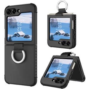 GaoBao for Samsung Galaxy Z Flip 5 5G - Heavy Duty 2 in 1 Full Body Rugged Shockproof Protective Case with Ring - Black