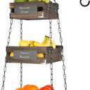 J JACKCUBE DESIGN 3-Tier Rustic Wood Hanging Fruit Basket, Kitchen Fruit, Vegetable Storage Organizer, Countertop Space Saver- Heavy Duty Metal Hooks- MK1008A