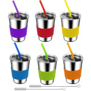ShineMe Kids Cups with Straws and Lids, 12oz Spill Proof Toddle Straw Cups with Sleeves, Reusable Water Tumbler for Cold & Hot Drinks, Stainless Steel Sippy Cup 6 Pack