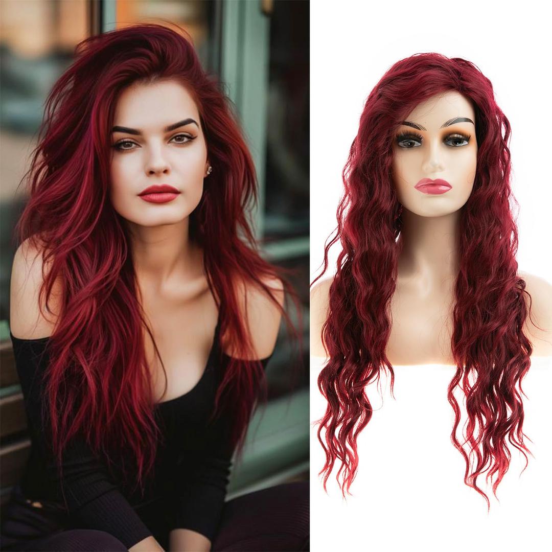 Sallcks Womens Deep Red Long Curly Wavy Wig Burgundy Natural Looking Cosplay Costume Halloween Synthetic Wig
