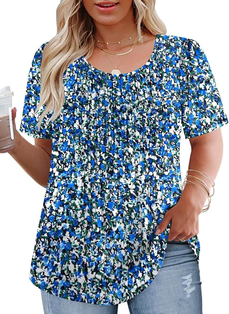 VISLILY Womens-Plus-Size-Summer-Tops Trendy Puff Short Sleeve T Shirts Cute Flowy Pleated Blouses Casual Crewneck Tunics Tee (XXL)