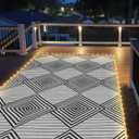 6x9ft Waterproof Outdoor Rug with LED Lights, Foldable Reversible Plastic Straw Mat for Patio RV Camping Picnic Balcony Beach Deck Indoor Outdoor Carpet, Black&White