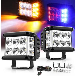 NAOEVO 4 Inch Strobe LED Light Pods, Amber White Blue Red Side Shooter, 6 Modes 60W Off Road Light with Memory Function, Emergency Fog Driving Work Light for Truck Boat ATV SUV with Wiring Harness