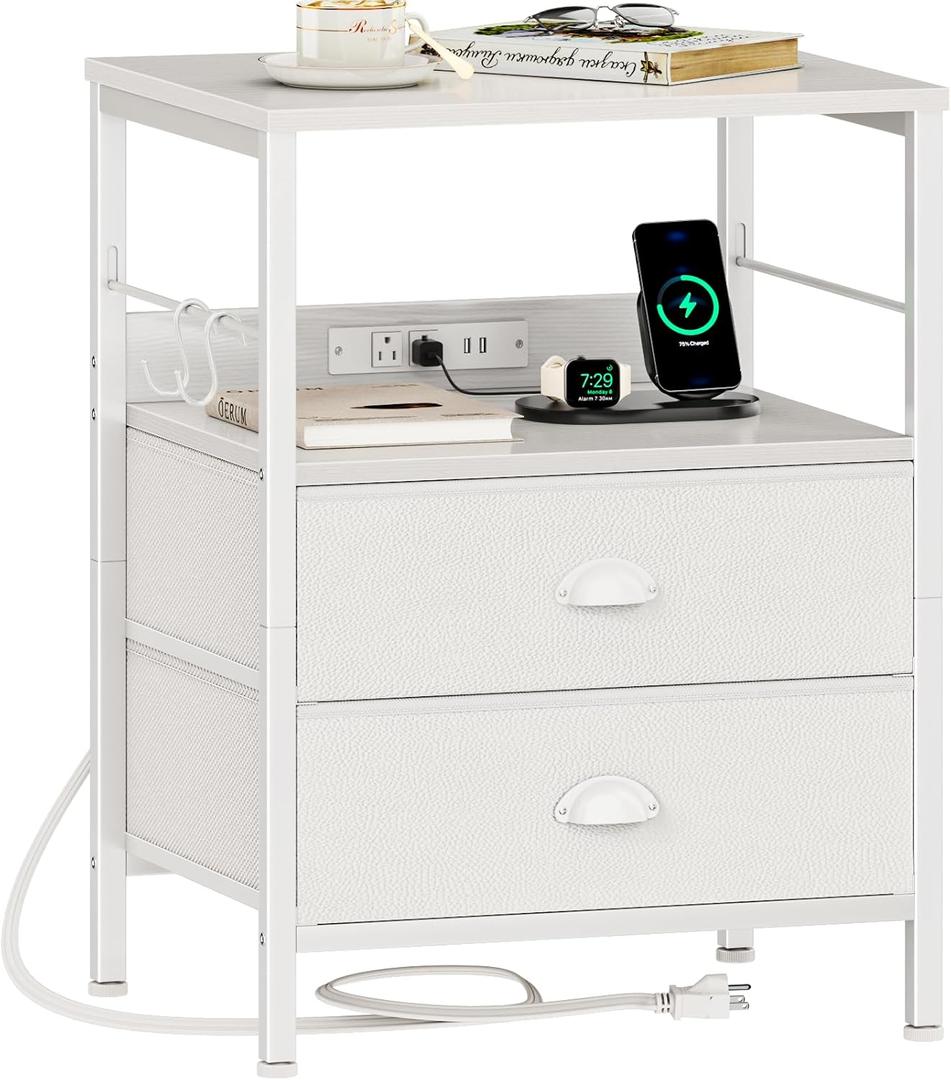 Furologee Night Stand with Charging Station, Bedside Table with Fabric Drawers, End Table with USB Ports & Outlets, White Nightstand with Storage Shelf & Hooks, for Living Room/Bedroom, White (1 pc(15.75"D x 18.9"W x 24.6"H))
