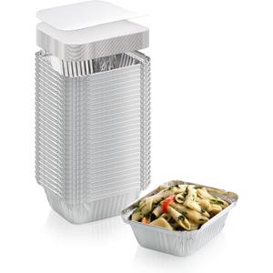 50-Pack Heavy Duty Disposable Aluminum Oblong Foil Pans with Lid Covers | 100% Recyclable Tin Food Storage Tray | Extra-Sturdy Containers for Cooking 1 LB