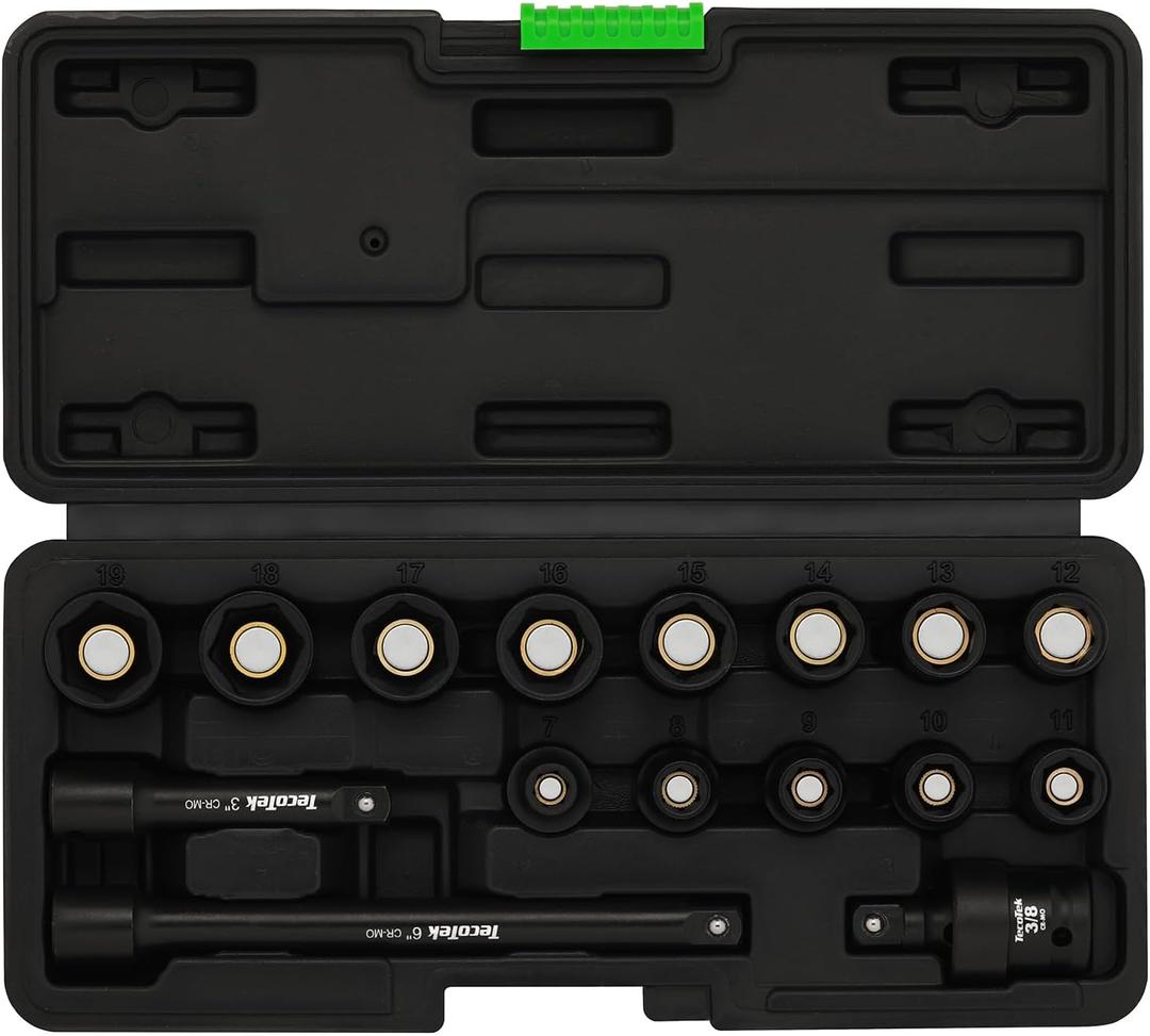 TecoTek 16-Piece 3/8" Drive Shallow Magnetic Impact Socket Set, Metric, 7mm-19mm, 6 Point, CR-MO, Magnetic Socket with Universal Joint & Extension