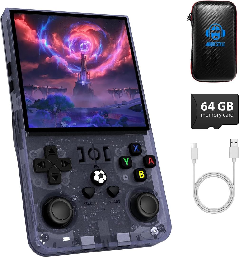 R36MAX Handheld Game Console, Retro Gaming Console with 4000mAh Battery 4.0IPS Screen, Open Source Linux System, with 64GB TF Card Portable Video Gaming Console, Transparent Gray