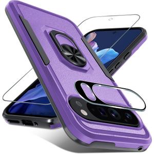 Janmitta for Google Pixel 9/9 Pro Case with Screen Protector+Camera Lens Protector,Heavy Duty Shockproof Full Body Phone Cover Built in Metal Ring Holder Kickstand,2024 Lavender
