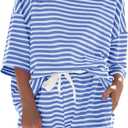 Fisoew Womens Striped 2 Piece Outfits Sweatsuits 3/4 Sleeve Oversized Tops High Waisted Shorts Casual Lounge Sets (Blue, Large)