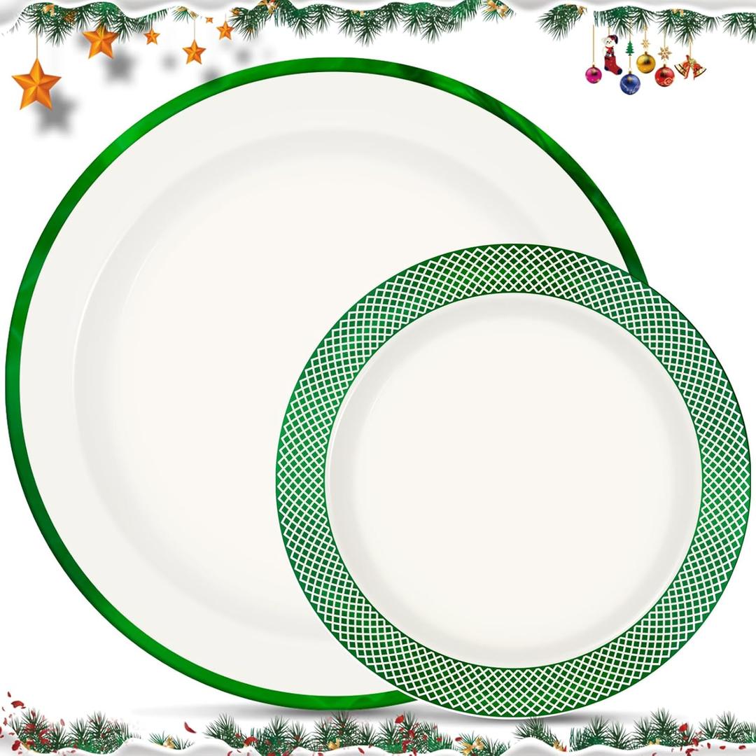 Christmas Plates Disposable Dinnerware Set for 20 Guests - Elegant lvory Green Plastic Plates & Holiday plates - for Xmas Party