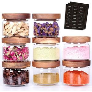 8 Pcs Spice Containers - 8.5oz Glass Spice Jars With Acacia Airtight Lid and Labels - Stackable Empty Round Spice Bottles for kitchen Seasoning, coffee bean, tea, suger, herbs