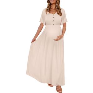 Peauty Maternity Dress Maternity Maxi Dress Maternity Dress for Photoshoot Ruffles Short Sleeve Light Mocha XL