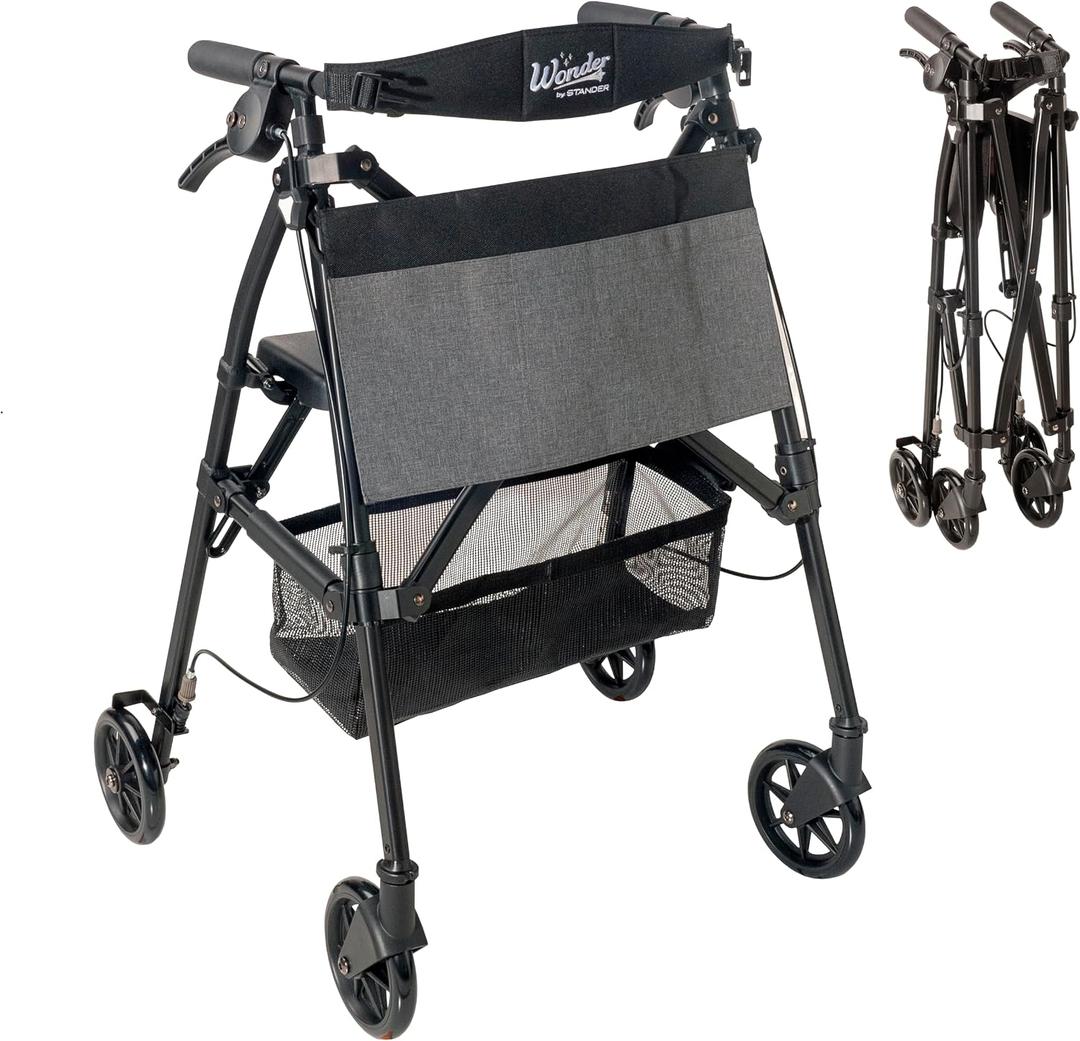 Stander Wonder Rollator Plus, Lightweight Folding Mobility Rolling-Walker, EZ Fold-N-Go-Rollator for Seniors and Adults, 6-inch Wheels, Locking Brakes and Padded Seat with Backrest, Matte Black