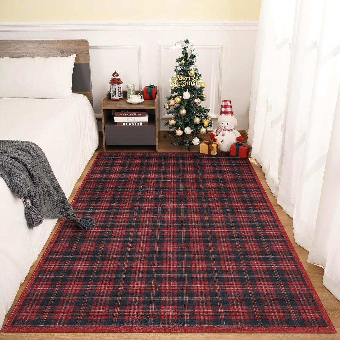 GarveeHome Christmas 4x6 Area Rug for Living Room, Checkered Machine Washable Area Rugs with Non Slip Backing, Stain Resistant Low-Pile for Bedroom Kitchen Dining Room Office Nursery Red Black