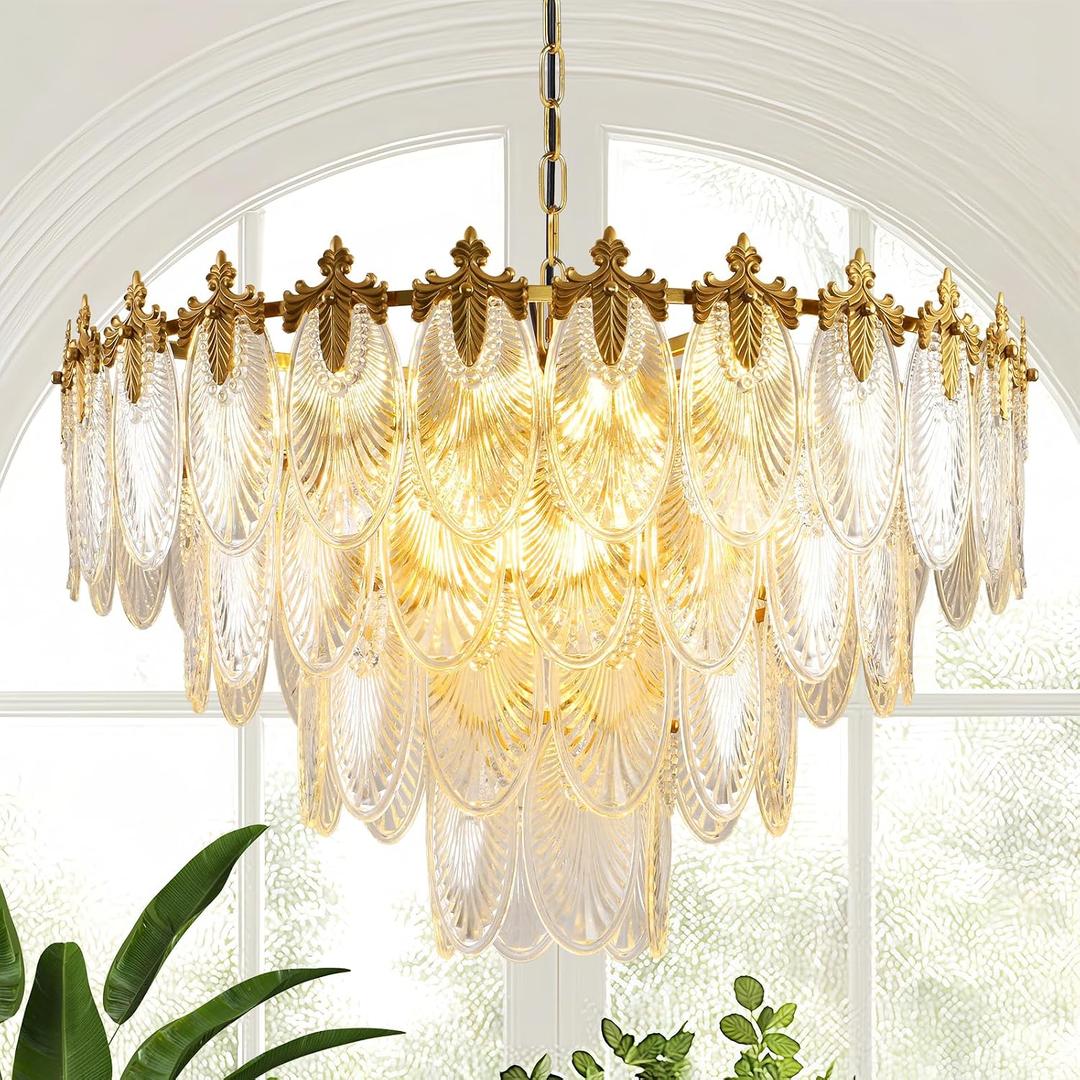 KELUOLY Modern Large Crystal Chandelier, 4-Layer Gold Glass Chandelier, 12 Light Round Antique Ceiling Pendant Light, 31.5 Inchs Adjustable Height for Foyer, Living Room, Bedroom, Dining Room