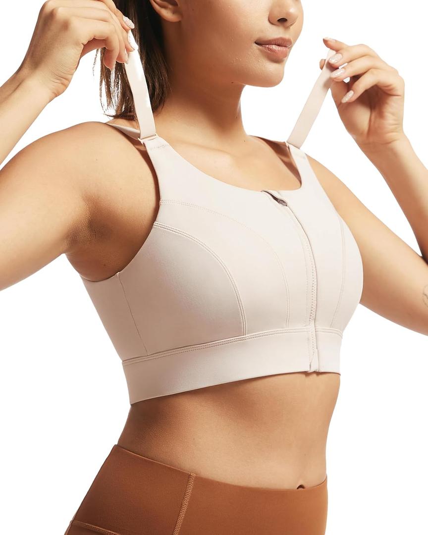 Adjustable High Impact Sports Bras for Women Zip Front Full Coverage and Lift Padded Compression Tops, L