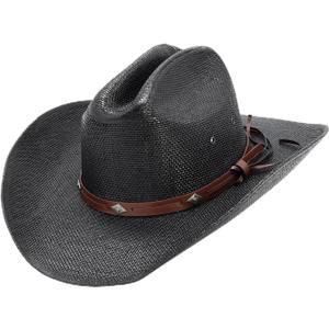 Straw Cowboy Hat for Men Women, 4.1 inches Shapeable Wide Brim with Cattleman Crease, Western Cowgirl Sun Hat for Outdoor (Black)