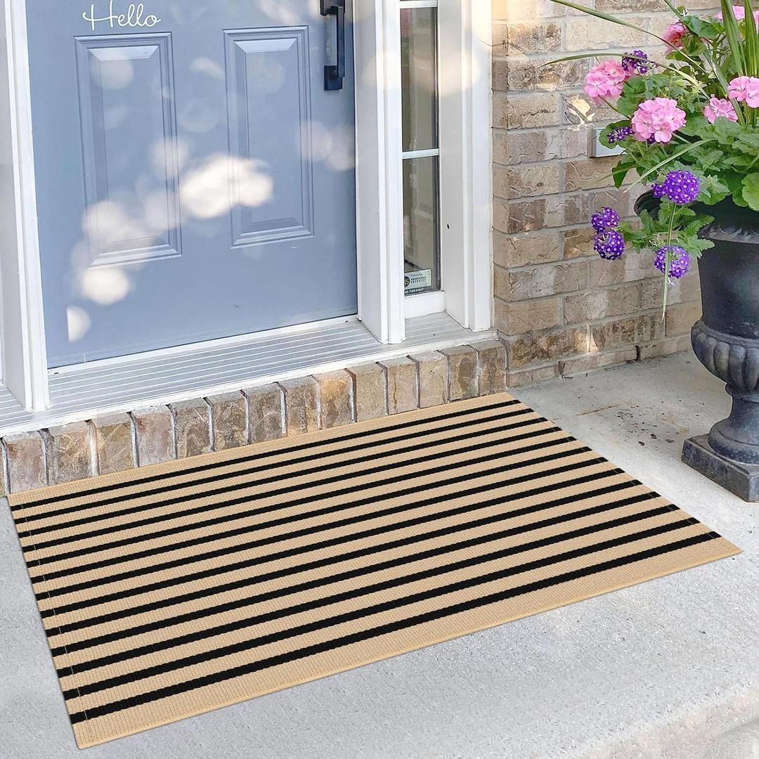 KILOCOCO Striped Rug 2.3'x3.6' Front Door Rug Woven Cotton Washable Stripe Layered Doormats Indoor Outdoor Door Mat for Front Porch/Kitchen/Farmhouse/Entryway/Patio, Brown
