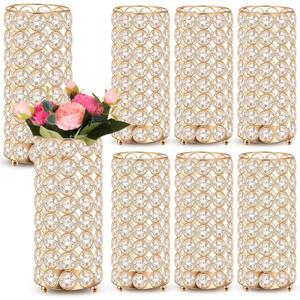 Dandat 8 Pcs Crystal Flower Vase for Wedding Table Centerpieces 7.87 in Crystal Pillar Candle Holder Metal Cylinder Flower Vase Stand for Wedding Decor Gifts Arrangement Event, (Gold)
