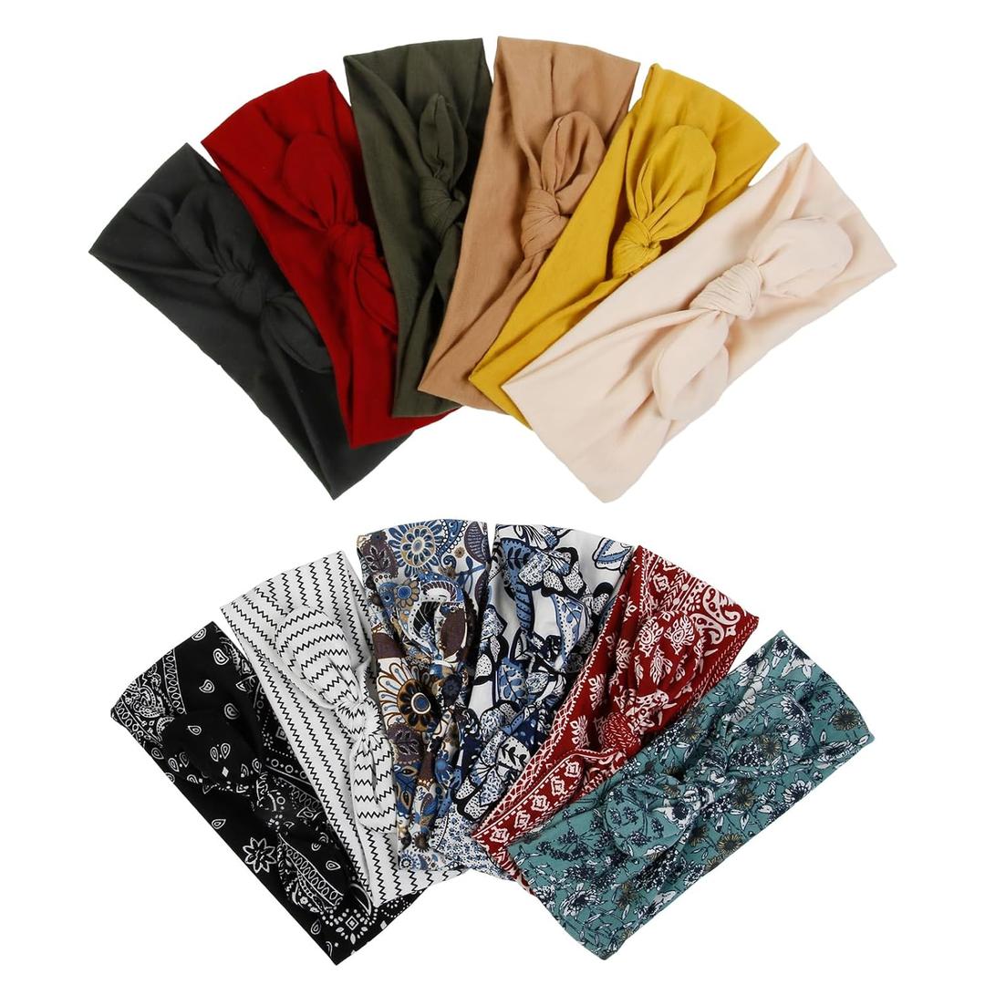 Huachi 12 Pack Bow Headbands for Women Headwraps Hair Band Knotted Headband Rabbit Ears Stretchy Turban Head Wraps Fashion Head band Sport Cute Hair Accessories (Bohemian colors)