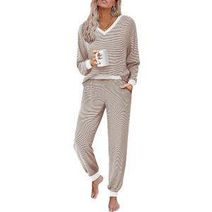 JUSTFASHIONNOW Women's Pajama Sets 2 Piece Striped Lounge Sets Long Sleeve Top and Pants Soft Sleepwear Pjs 2026 Fall Outfits (Brown, XXL)