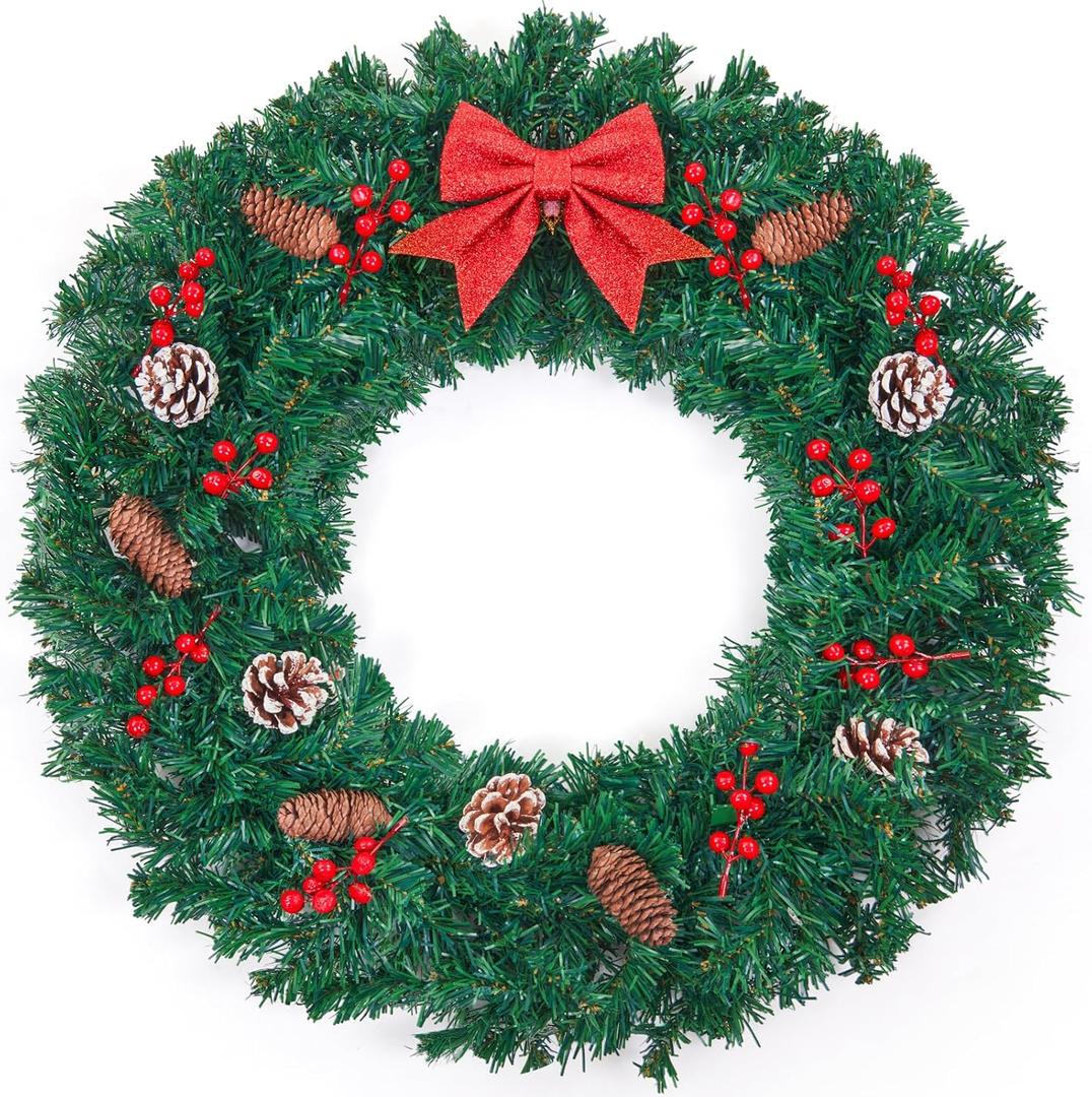 24 Inch Christmas Wreath for Front Door - Farmhouse Holiday Decor for Indoors and Outdoors, No Light