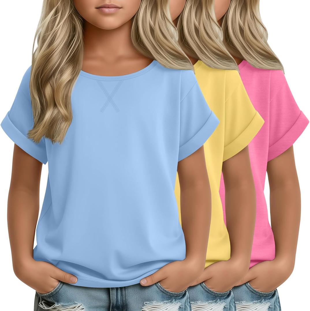 3 Pack Girls Short Sleeve T Shirts Kids Loose Fit Crew Neck Tops Rolled Cuff Summer Basic Casual Blouse (11-12 Years, Sky Blue, Yellow, Peach Pink)