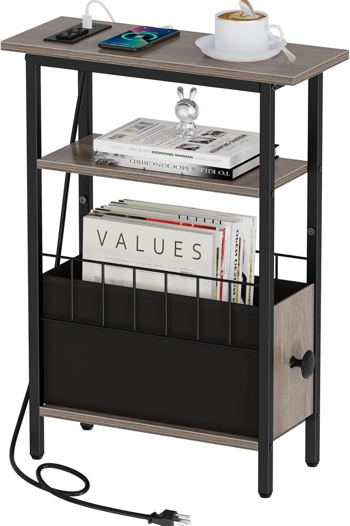 Snughome Narrow Side Table with Charging Station, Slim End Table for Small Spaces, 3 Tier Skinny Nightstand with Drawer, Sofa Beside Table with Storage Shelf for Living Room Bedroom Grey