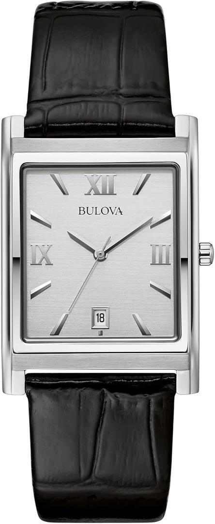 Bulova Men's Stainless Steel 3-Hand Calendar Date Quartz Watch with Black Leather Strap, Rectangle Dial Style: 96B107