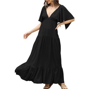 Kikibell Women Summer Dresses Sexy V-Neck Maxi Dress Tiered Silhouette with Flutter Sleeve Backless Elastic Waist Flowy Dress (Medium, Black)
