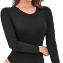 Camdoria Women's Tummy Control Bodysuit Crew Neck Long Sleeve Body suit Second-skin Feel Tops, S, Black