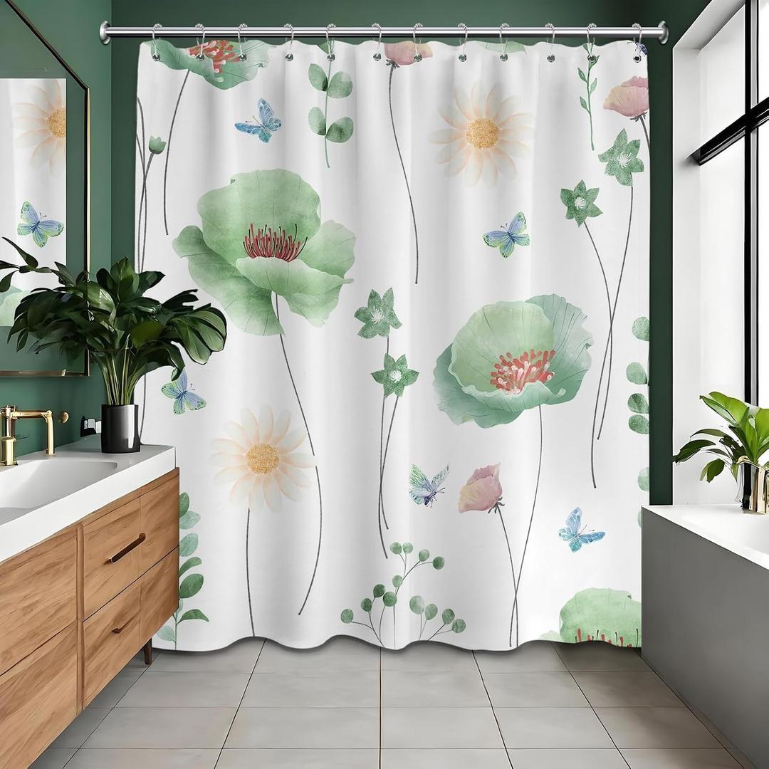 Sage Green Watercolor Floral Shower Curtain Light Green and White Spring Summer Modern Minimalist Flower Shower Curtains for Bathroom Decor, Waterproof Cloth Fabric with Hooks, 70x84 in