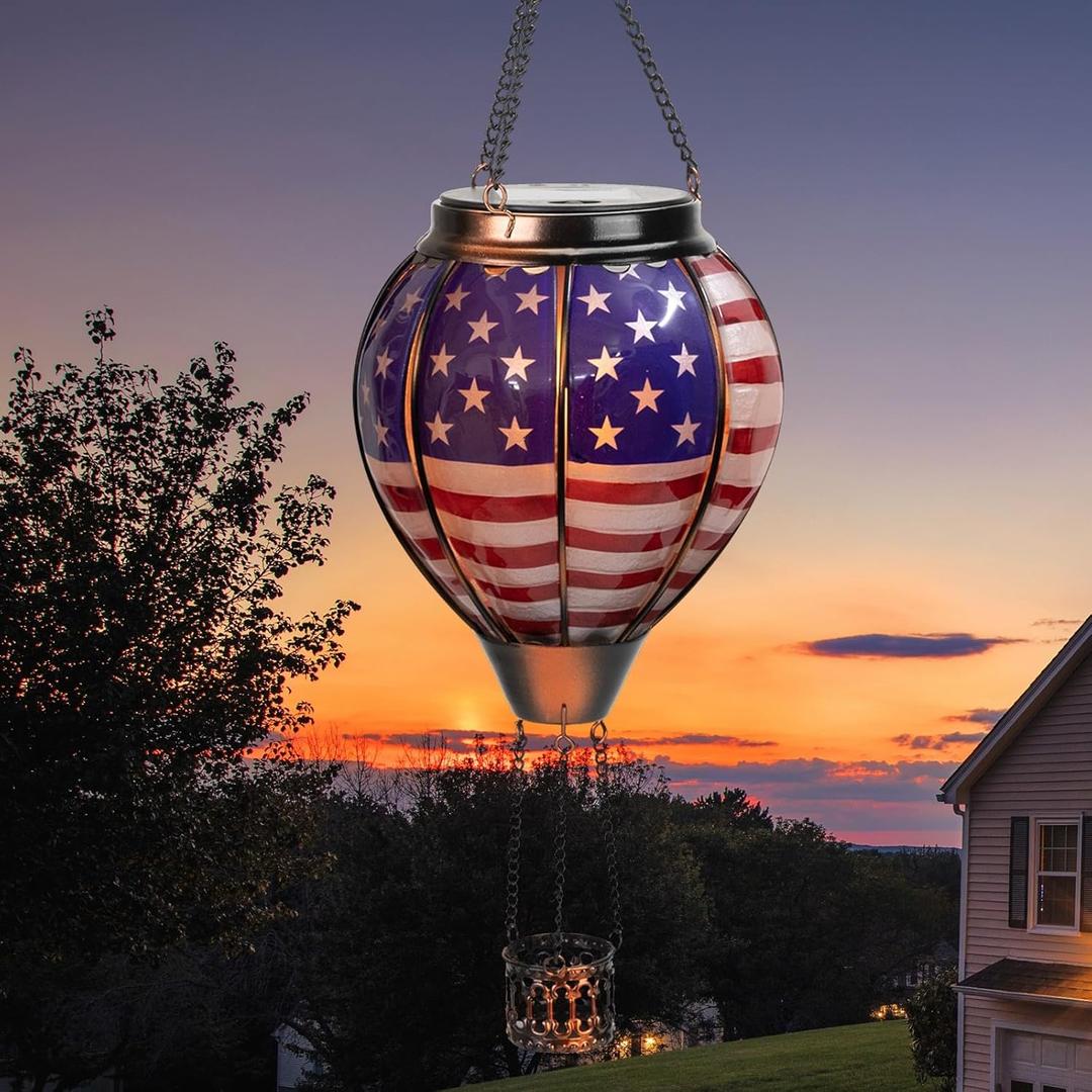 pearlstar Hot Air Balloon Solar Lantern with Flickering Flame Light Outdoor 4th of July Decorations Solar Hanging Lights Waterproof for Garden Yard Patio Outside Independence Day Decoration, Flag