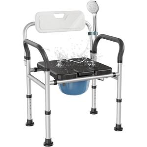 Heavy Duty Bedside Commode Chair with Adjustable Height, Raised Toilet Seat with Arms Handles and Back Support for Elderly, Portable Bedside Toilet with Bucket (Width 19.69")