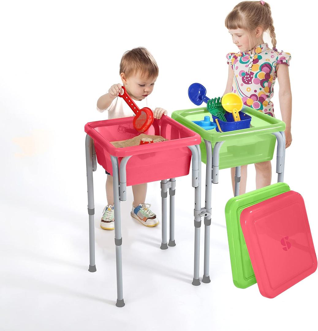Special Supplies Sensory Activity Table for Kids and Toddlers -with Plastic Buckets and Beach Toys for Interactive Learning - Water, Sand, and STEM Play (Two Buckets - Green + Red)