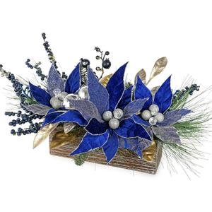 Hollyone Poinsettia Flowers Artificial in Pot 14inch Blue Poinsettias Christmas Flowers Potted Plants Arrangement with Wood Pot Berries Pine Cone Norfolk Pine for Table Centerpieces Xmas Home Decor