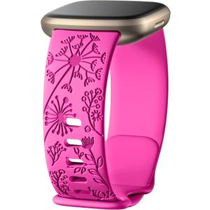 4 x Flower Engraved Bands Compatible with Fitbit Sense Bands/Versa 4/Versa 3/Sense 2 1 Band for Women,Cute Fancy Dandelion Floral Wristband Replacement Strap Compatible with Fitbit Versa 3 Bands (Large, Rosepink)