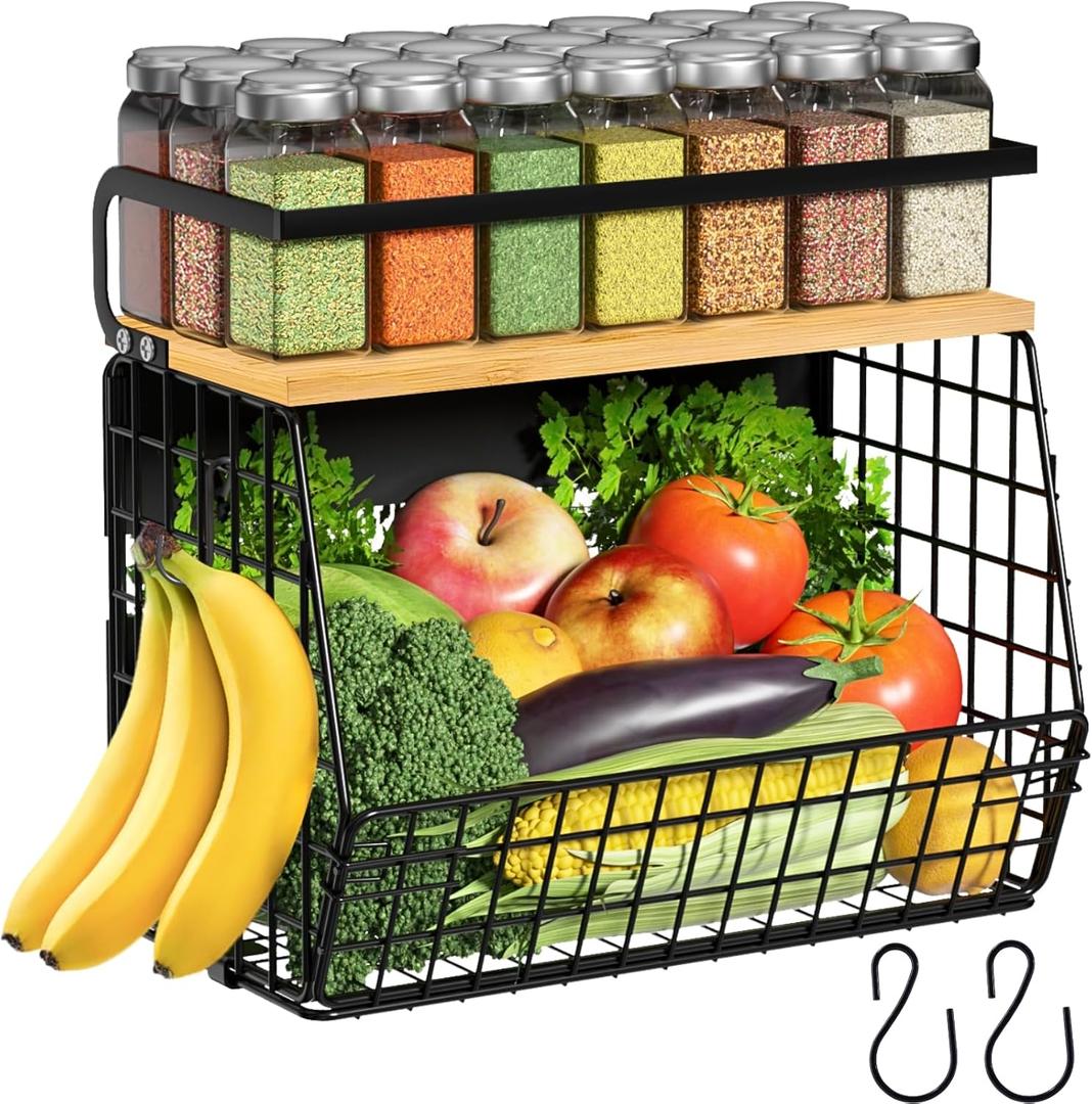 Ofiray-home Magnetic Shelf for Fridge with Wood Lid, Fruit Potato and Onion Storage Bins, Pantry Organizers & Storage, Large Container Magnetic Spice Rack for Refrigerator, Kitchen Counter, Cabinet (1-Regular, Black)